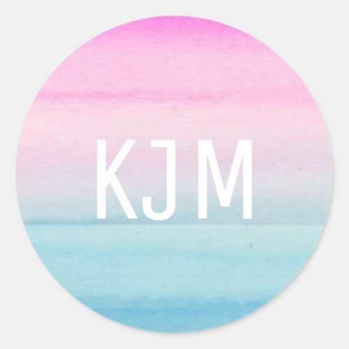 Pink Blue Ombre Watercolor  Monogram Classic Round Sticker
