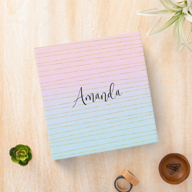Pink Blue Ombre with Gold Lines 3 Ring Binder (In Situ)