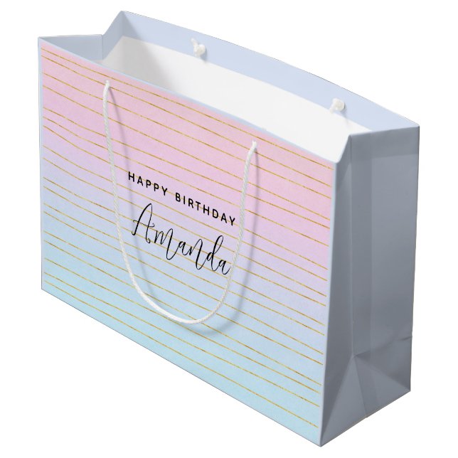 Pink Blue Ombre with Gold Lines Birthday Large Gift Bag (Back Angled)