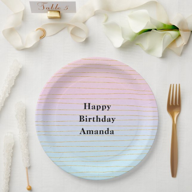 Pink Blue Ombre with Gold Lines Birthday Paper Plates (Wedding)