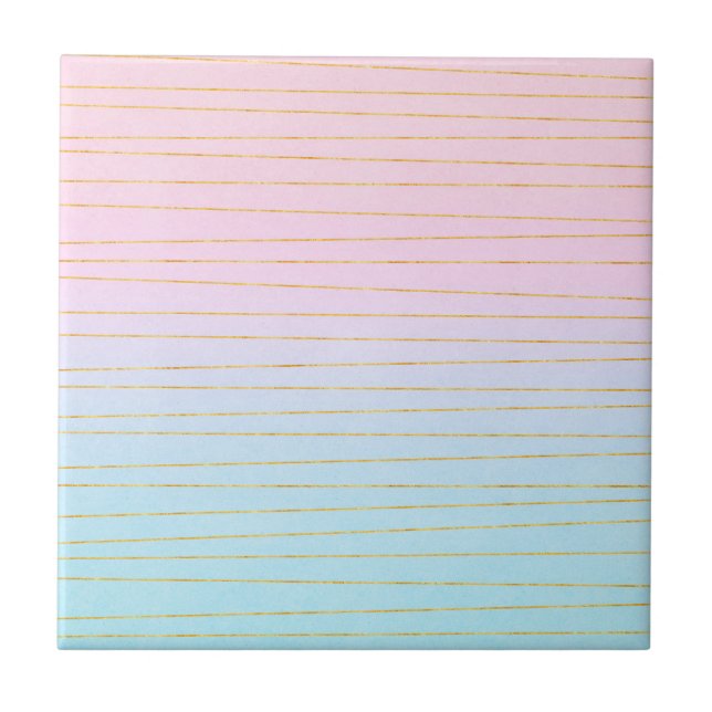 Pink Blue Ombre with Gold Lines Ceramic Tile (Front)