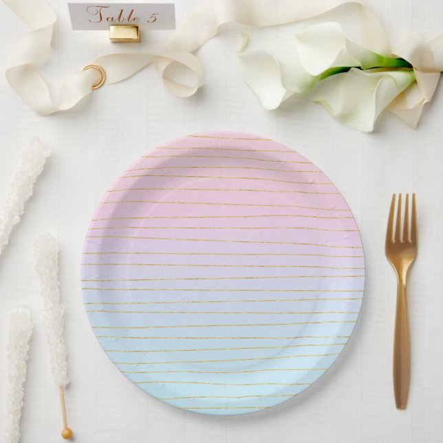 Pink Blue Ombre with Gold Lines Paper Plates (Wedding)