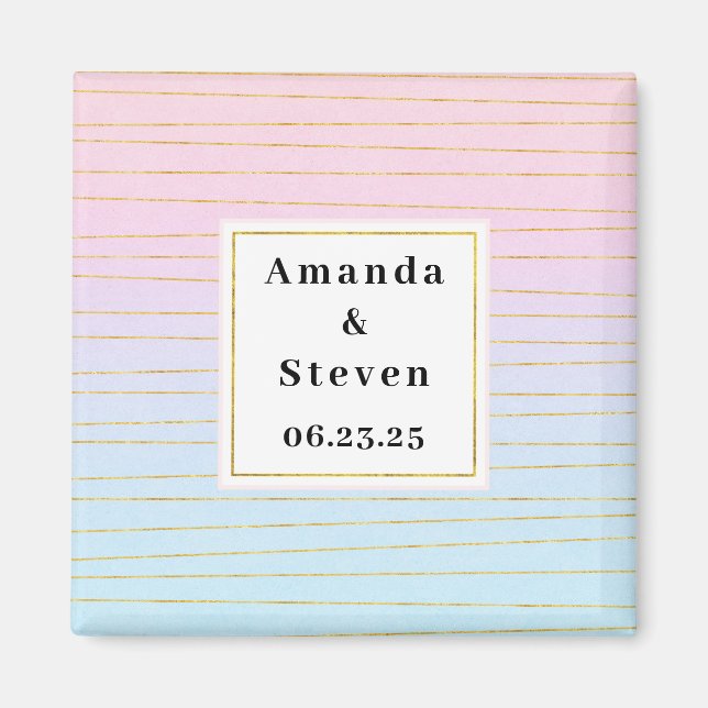 Pink Blue Ombre with Gold Lines Save the Date Magnet (Front)