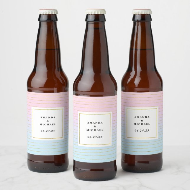 Pink Blue Ombre with Thin Gold Lines - Wedding Beer Bottle Label (Bottles)