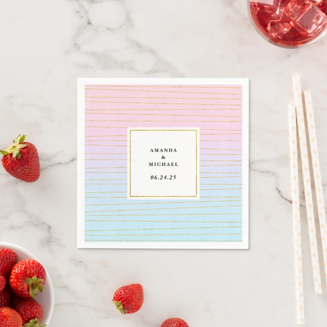 Pink Blue Ombre with Thin Gold Lines Wedding Napkins (Insitu)