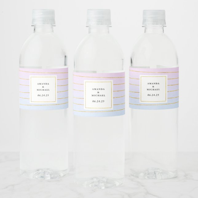 Pink Blue Ombre with Thin Gold Lines - Wedding Water Bottle Label (Bottles)
