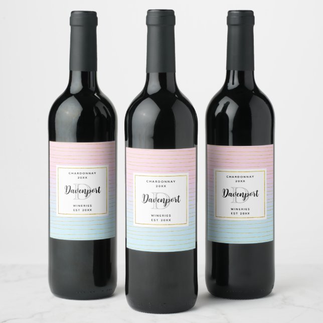 Pink Blue Ombre with Thin Gold Lines Wine Making Label (Bottles)