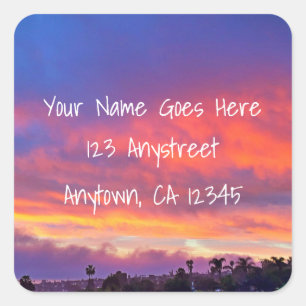 Pink blue orange bold sunset photo return address square sticker