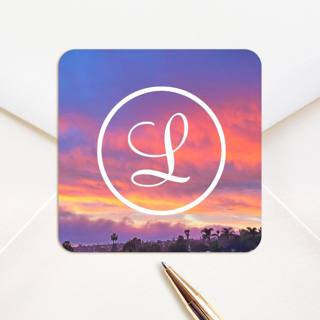 Pink blue orange sunset photo monogram script square sticker (Creator Uploaded)