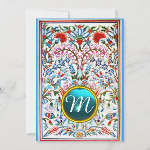 PINK BLUE ORIENTAL FLOWERS DAMASK GEM MONOGRAM INVITATION