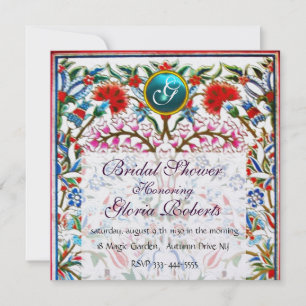 PINK BLUE ORIENTAL FLOWERS DAMASK MONOGRAM Pearl Invitation