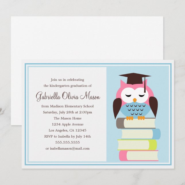 Pink/Blue Owl Graduation Party Invitation (Front/Back)