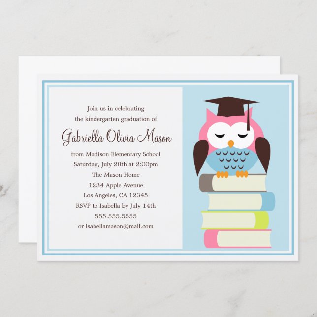 Pink/Blue Owl Graduation Party Invitation (Front/Back)