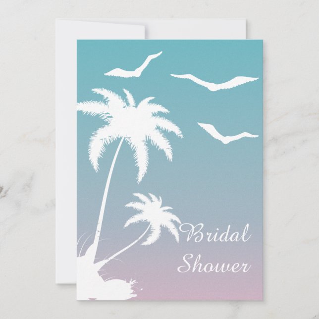 Pink blue palm trees beach wedding bridal shower invitation (Front)
