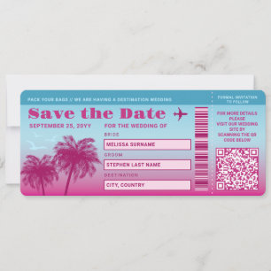 Pink Blue Palms Faux Boarding Pass Save The Date Invitation
