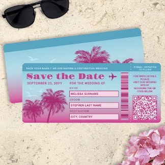 Pink Blue Palms Faux Boarding Pass Save The Date Invitation