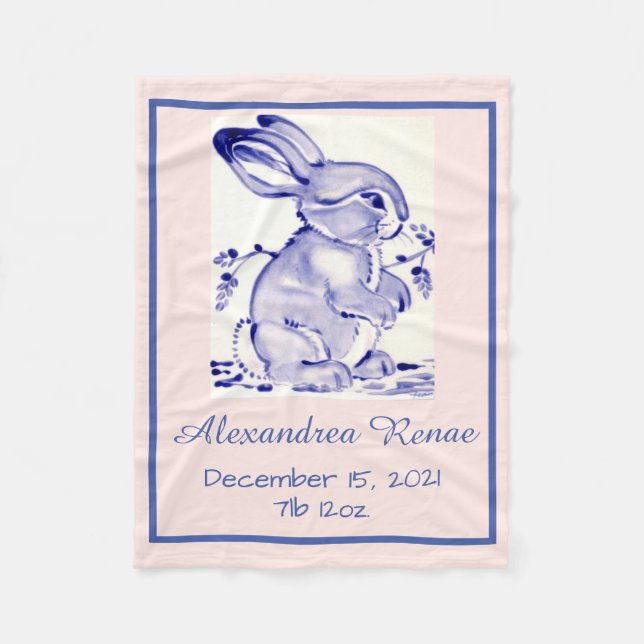 Pink & Blue Pastel Baby Bunny Rabbit Personalized Fleece Blanket (Front)