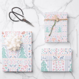 Pink Blue Pastel Christmas Tree Retro Wrapping Paper Sheets