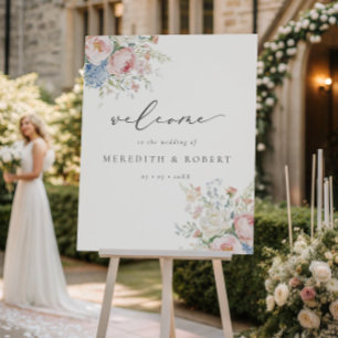 Pink & Blue Pastel Flowers Spring Wedding Welcome Foam Board