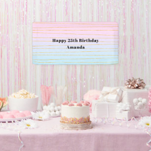 Pink Blue Pastel Gradient with Gold Lines Birthday Banner