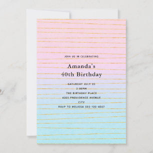 Pink Blue Pastel Gradient with Gold Lines Birthday Invitation