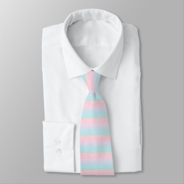 Pink Blue Pastel Gradient with Gold Lines Pattern Neck Tie (Tied)