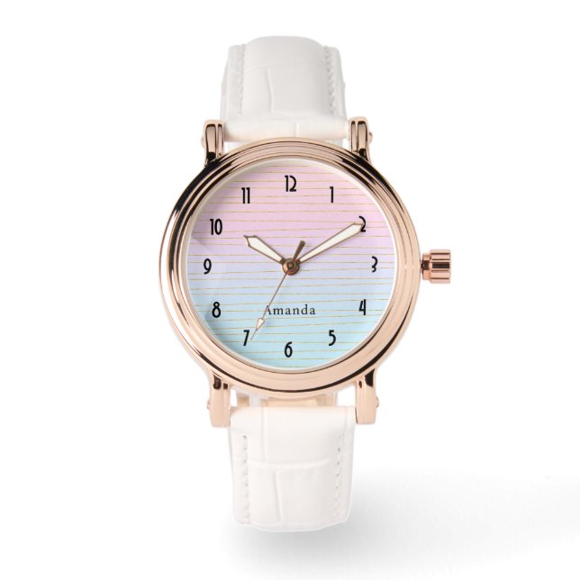Pink Blue Pastel Gradient with Gold Lines Watch (Front)