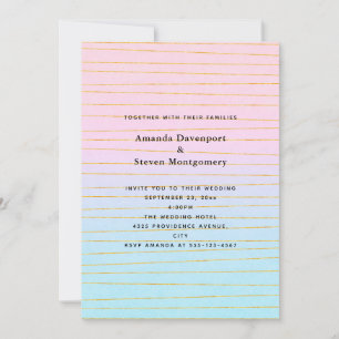 Pink Blue Pastel Gradient with Gold Lines Wedding Invitation