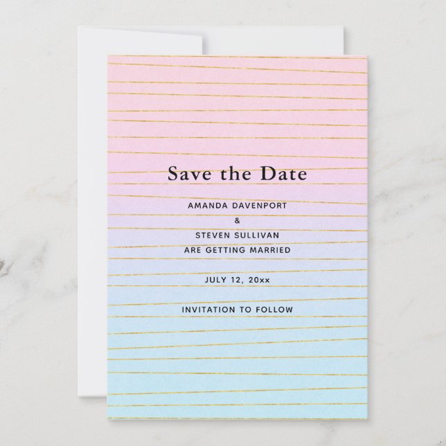 Pink Blue Pastel Gradient with Gold Lines Wedding Save The Date (Front)