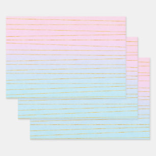 Pink Blue Pastel Gradient with Gold Lines Wrapping Paper Sheets