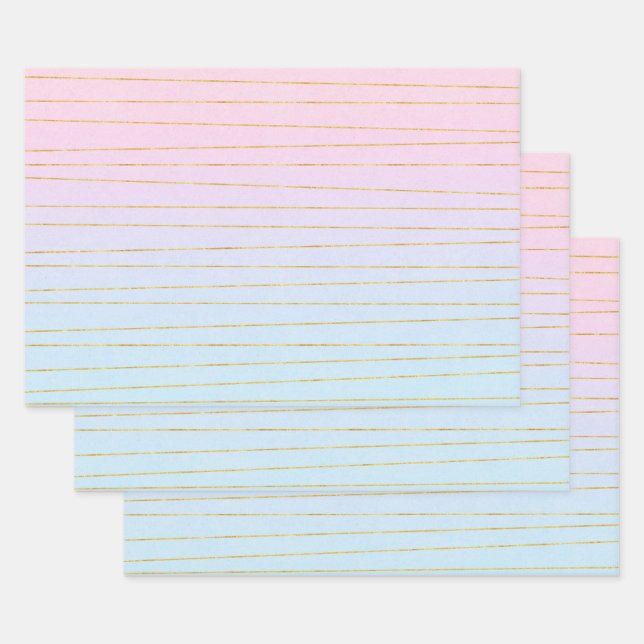 Pink Blue Pastel Gradient with Gold Lines Wrapping Paper Sheets (Set)