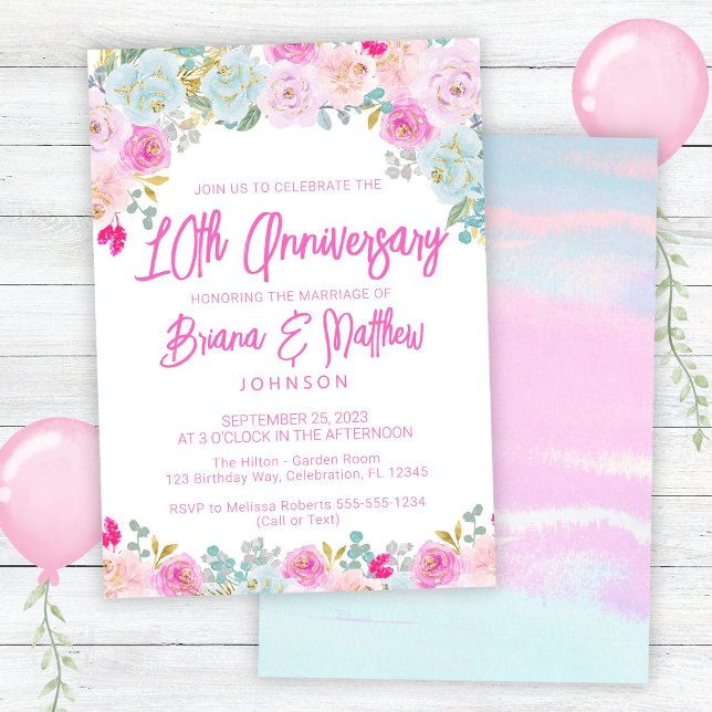 Pink Blue Peach Floral 10th Wedding Anniversary  Invitation (Creator Uploaded)