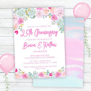 Pink Blue Peach Floral 25th Wedding Anniversary Invitation