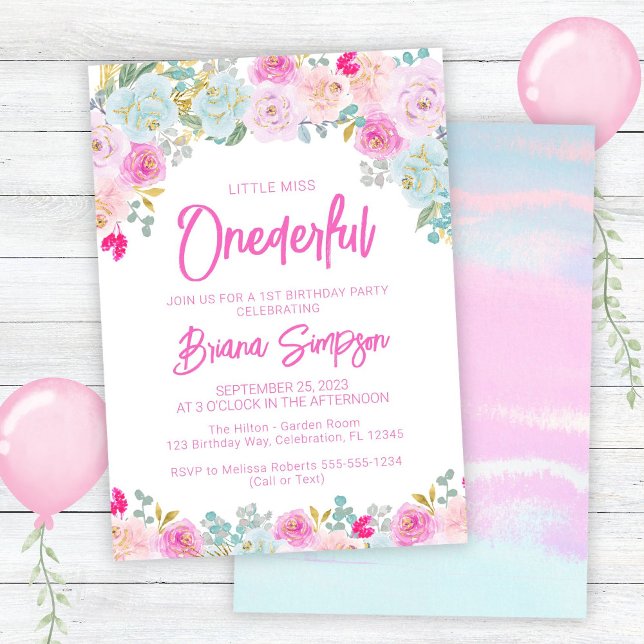Pink Blue Peach Floral Onederful Birthday Invitation (Creator Uploaded)