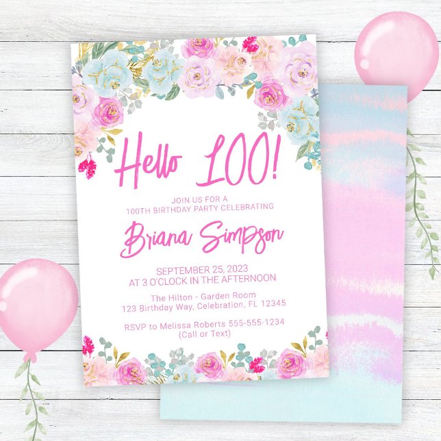 Pink Blue Peach Purple Floral 100th Birthday Party Invitation (Creator Uploaded)