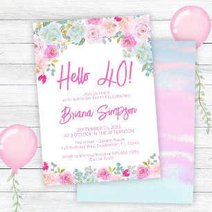 Pink Blue Peach Purple Floral 40th Birthday Party Invitation