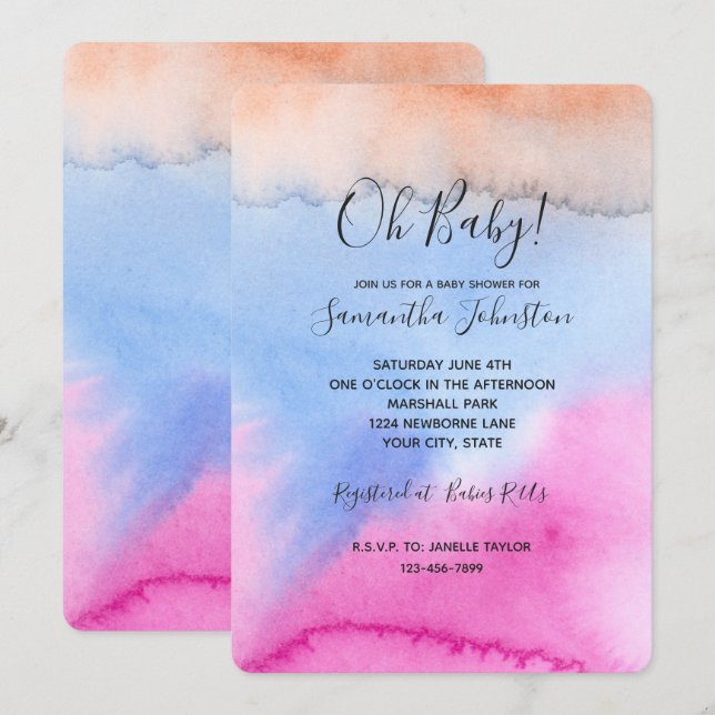 Pink Blue Peach Tie dye Baby Shower Invitation (Front/Back)