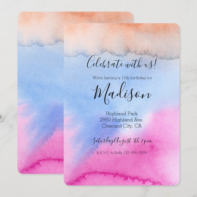Pink Blue Peach Tie dye Birthday Invitation (Front/Back)