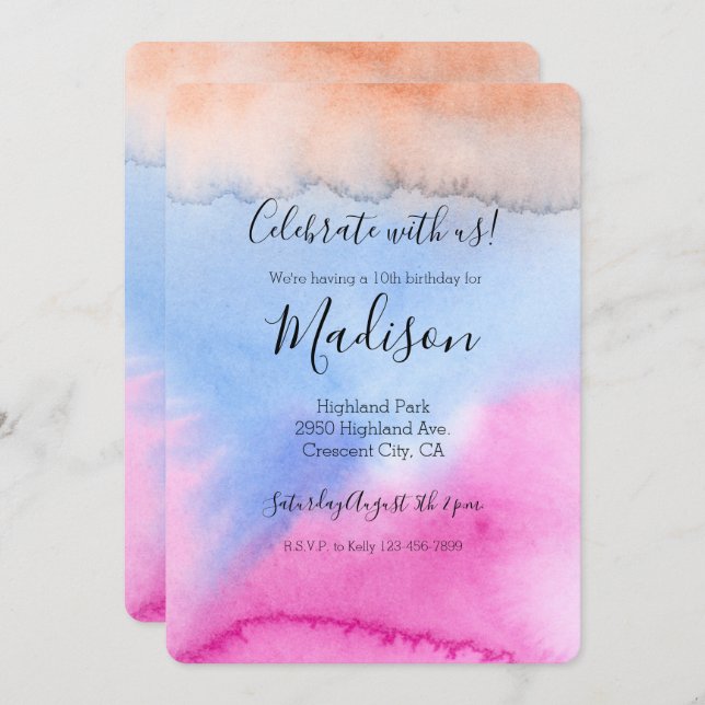 Pink Blue Peach Tie dye Invitation (Front/Back)