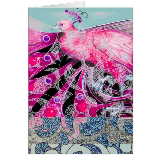 PINK BLUE PEACOCK WITH FLORAL AND GEOMETRIC SWIRLS (Front)