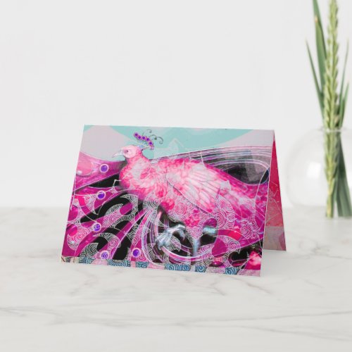 PINK BLUE PEACOCK WITH FLORAL AND GEOMETRIC SWIRLS HOLIDAY CARD