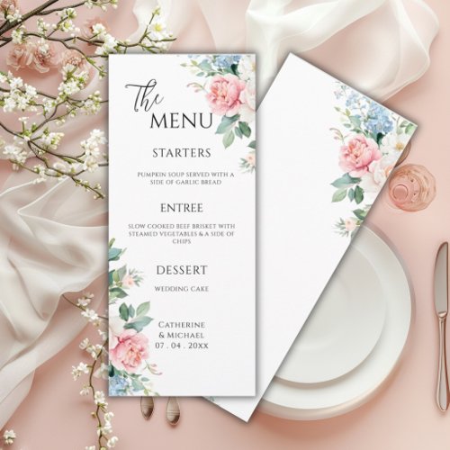 Pink Blue Peonies Floral Elegant Wedding Menu