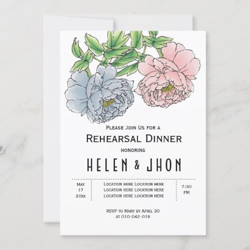 Pink blue peonies floral wedding rehearsal dinner invitation