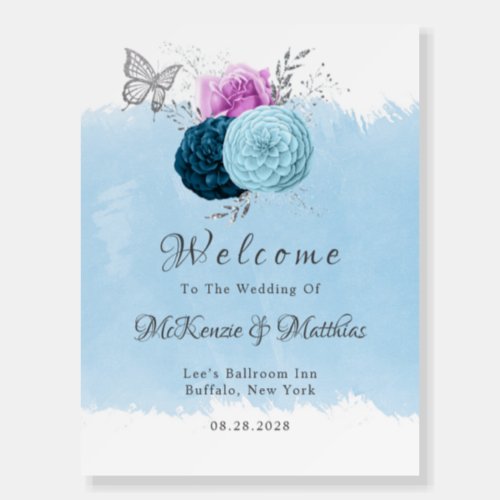  Pink Blue Peony Butterfly Wedding Welcome Sign