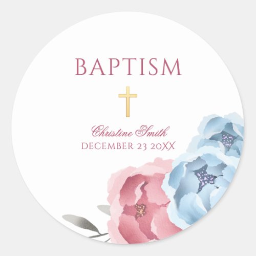 Pink Blue Peony Floral Boy Girl Baptism Classic Round Sticker