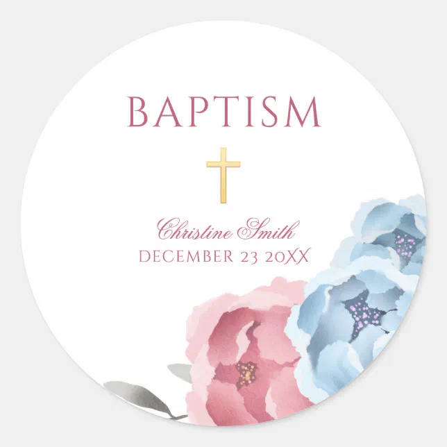Pink Blue Peony Floral Boy Girl Baptism Classic Round Sticker | Zazzle