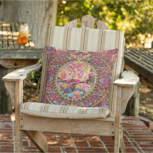 Pink Blue Persian Floral Flowers Peacock Patio Outdoor Pillow