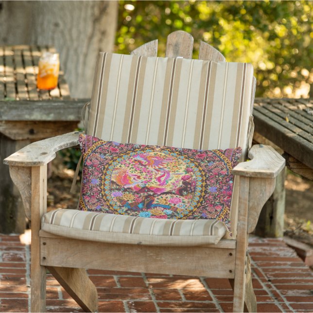 Pink Blue Persian Floral Peacock Patio Outdoor Lumbar Pillow (Chair)