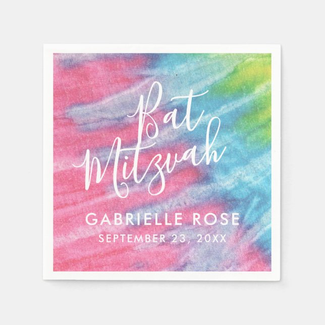 Pink Blue Personalized Tie Dye Bat Mitzvah Napkins (Front)