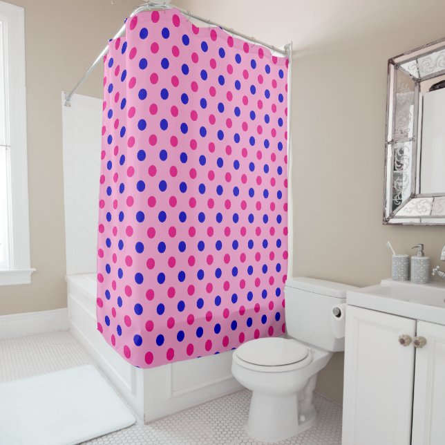 Pink Blue Pink Polka Dot Pattern Shower Curtain (In Situ)